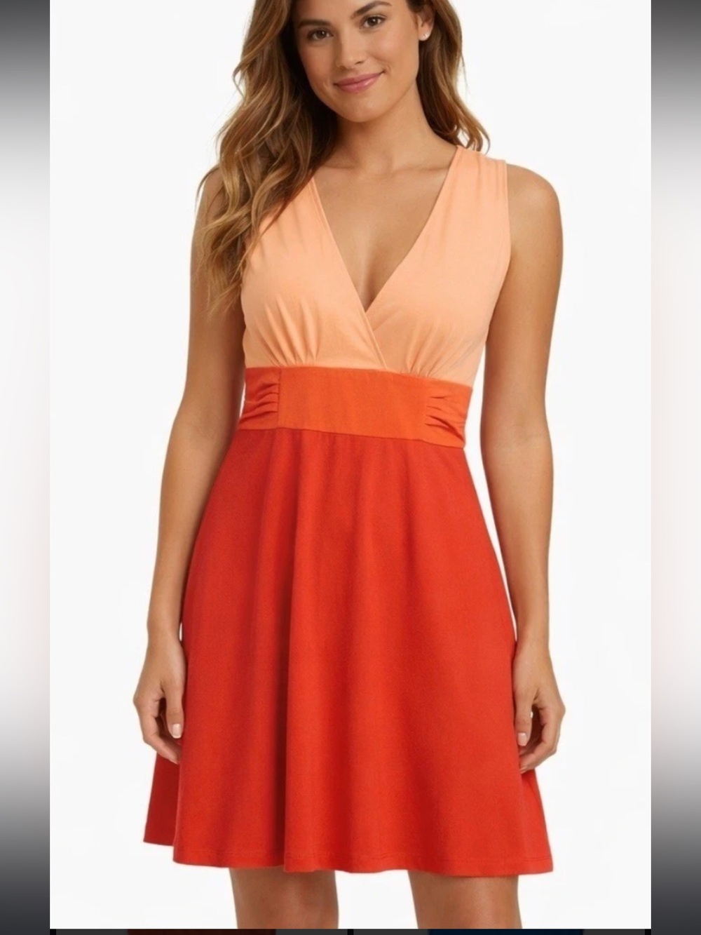 Patagonia Two-Tone V-Neck Mini Dress in Peach and Orange-Red
